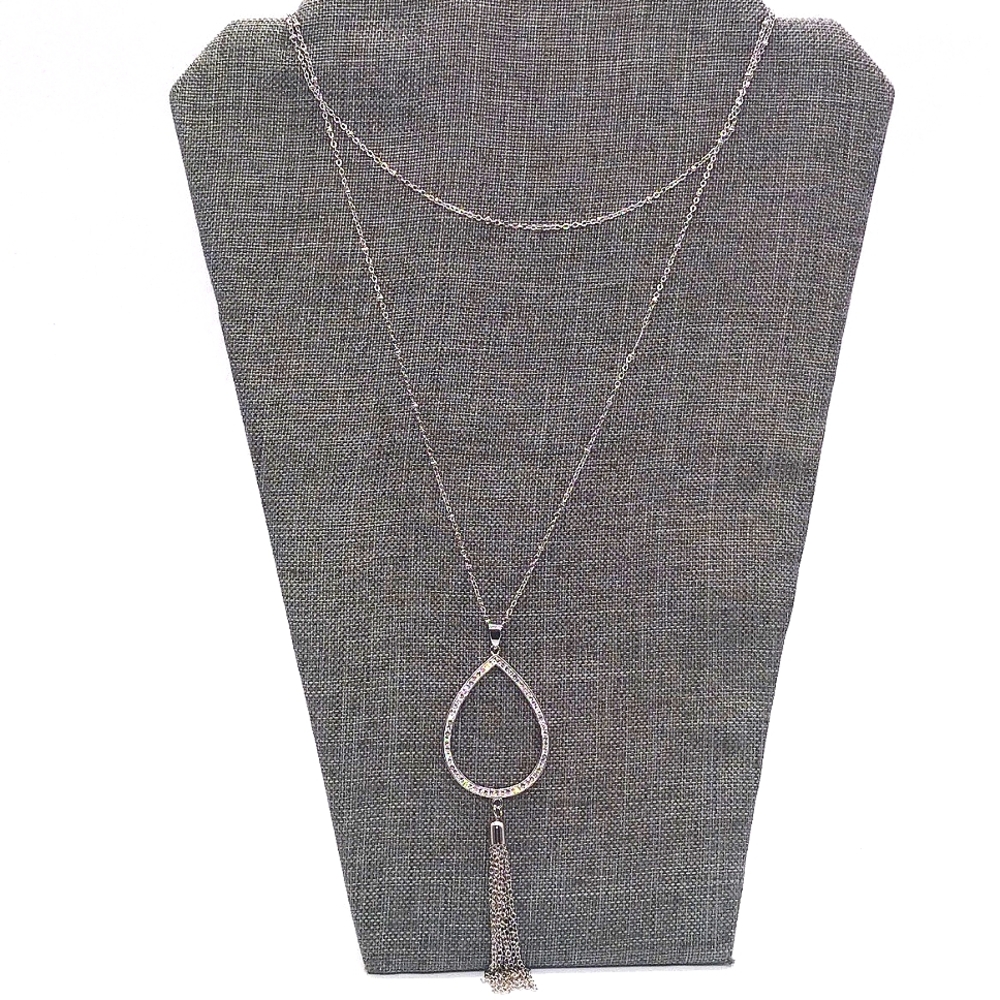 Teardrop Tassel Pendant Layered Station Necklace Made w/ Swarovski Crystals - Picture 3 of 6